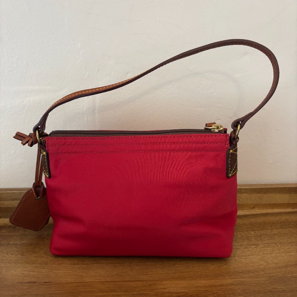 Dooney & Bourke Red Nylon Brown Leather Pouchette Mini Bag - Picture 3 of 12